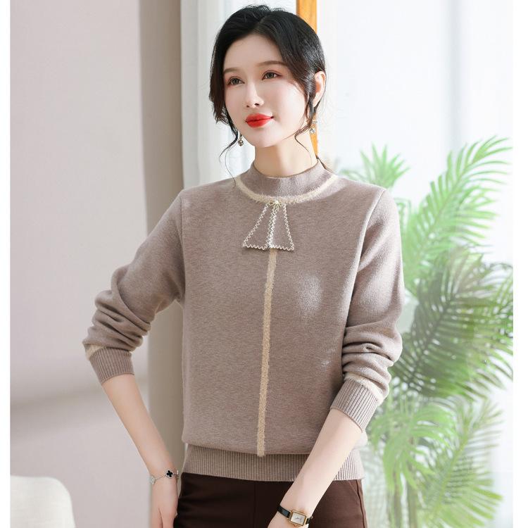 New Western-style Thin Middle-aged and Elderly Autumn Long-sleeved Shirt Knitted Pullover Autumn Middle-aged Ladies and Mothers Bottoming Shirt