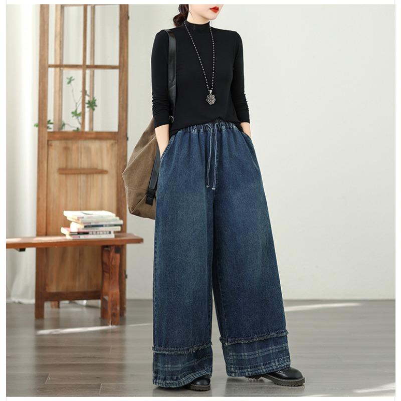 DIMANAF 2026 Summer New Plus Size Women Jeans Elastic Waist Long Pants Loose Casual Denim Cotton Trousers Plaid