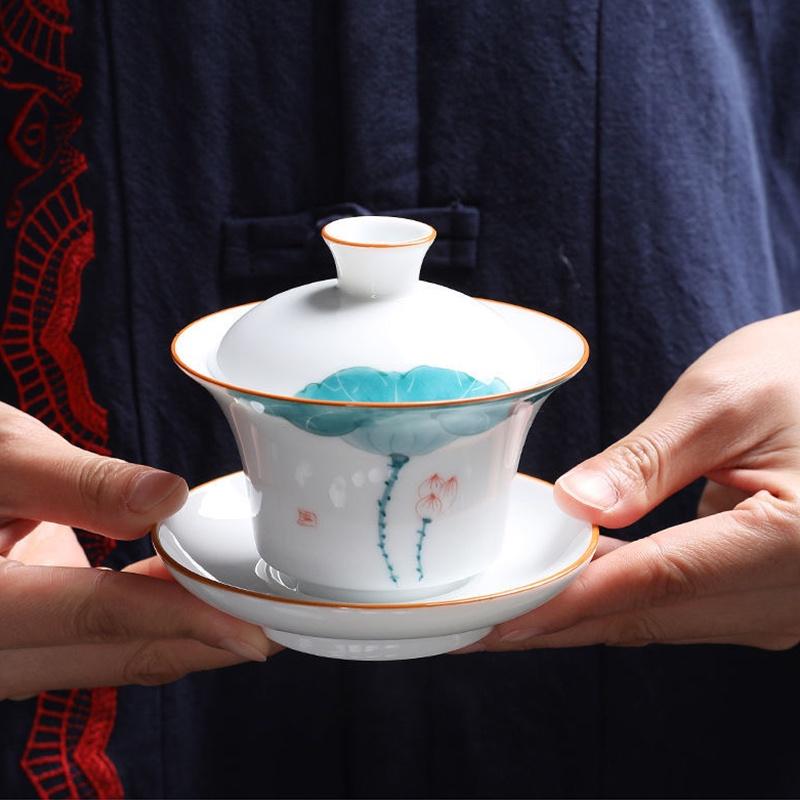 175ml Ceramic Sancai Gaiwan Hand-painted Lotus Tea Bowl