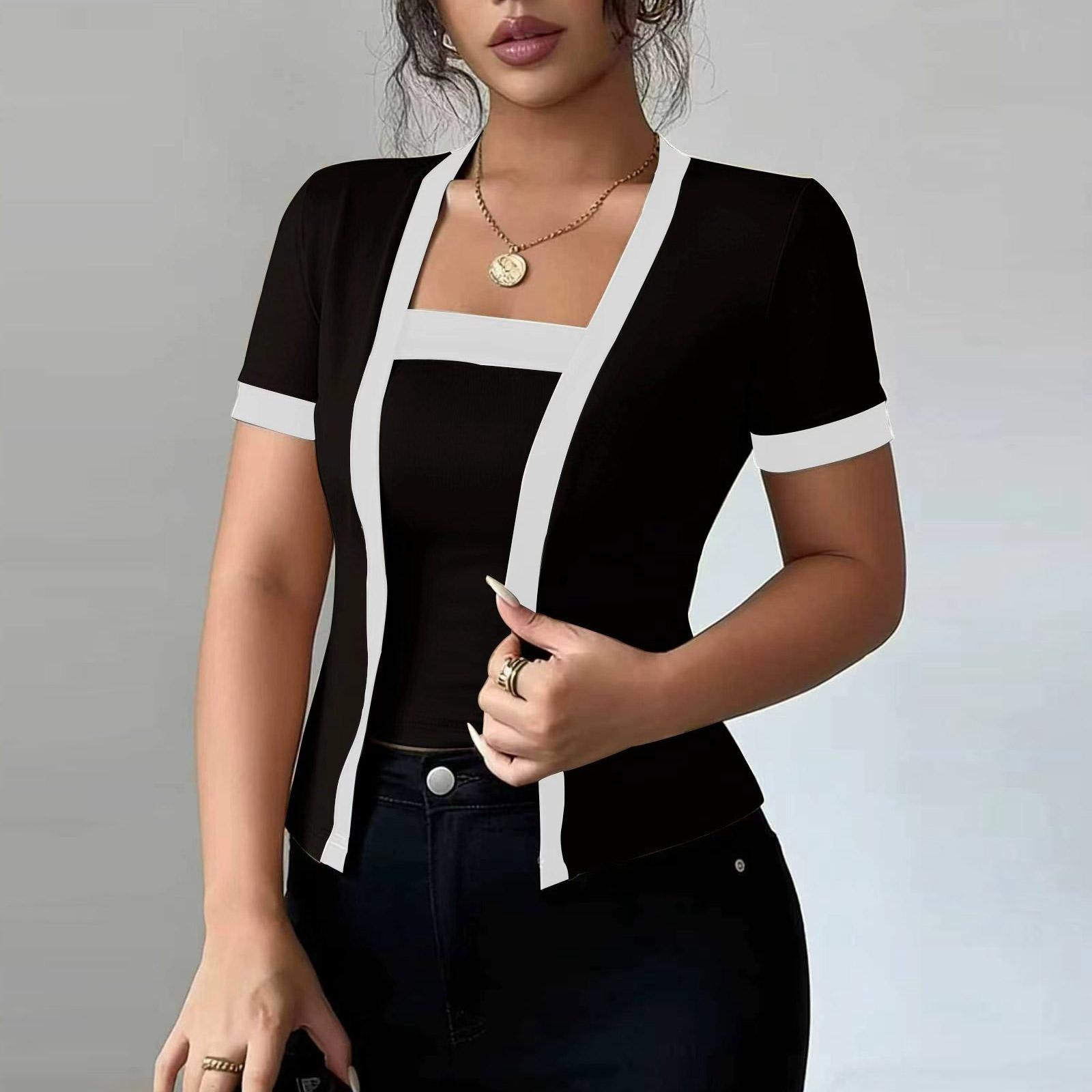 New Fashionable Women s Two-piece Color-Blocked Short-Sleeved Knit Cardigan Top L чёрный