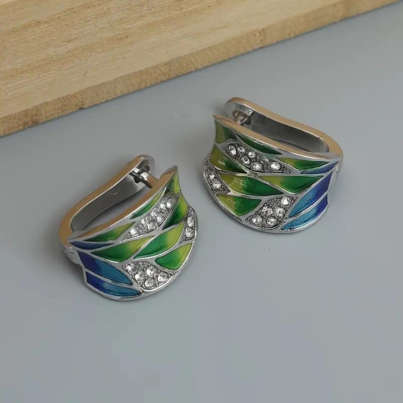 Leaf Print With Shiny Zircon Decor Hoop Earrings for Women Bohemian Elegant Style Copper Color Jewelry Daily Wear Accessories