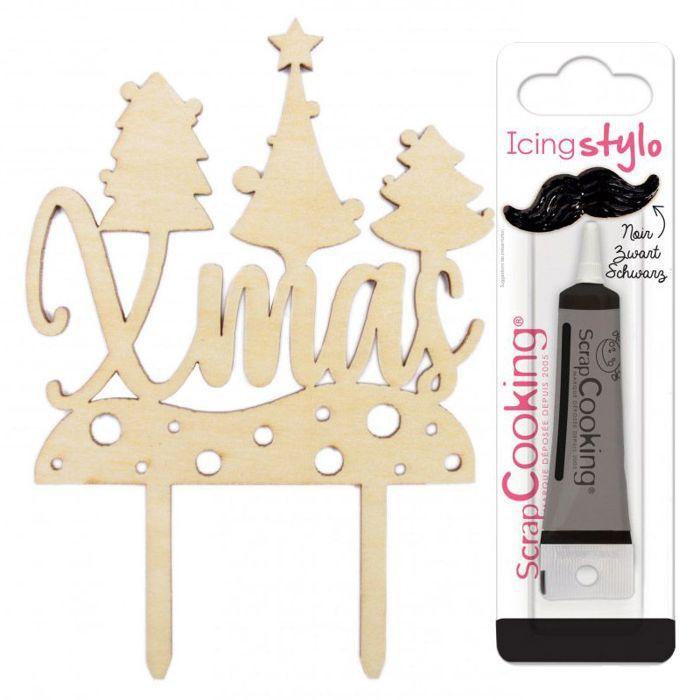 Cake topper en bois Christmas + Stylo de glaçage noir