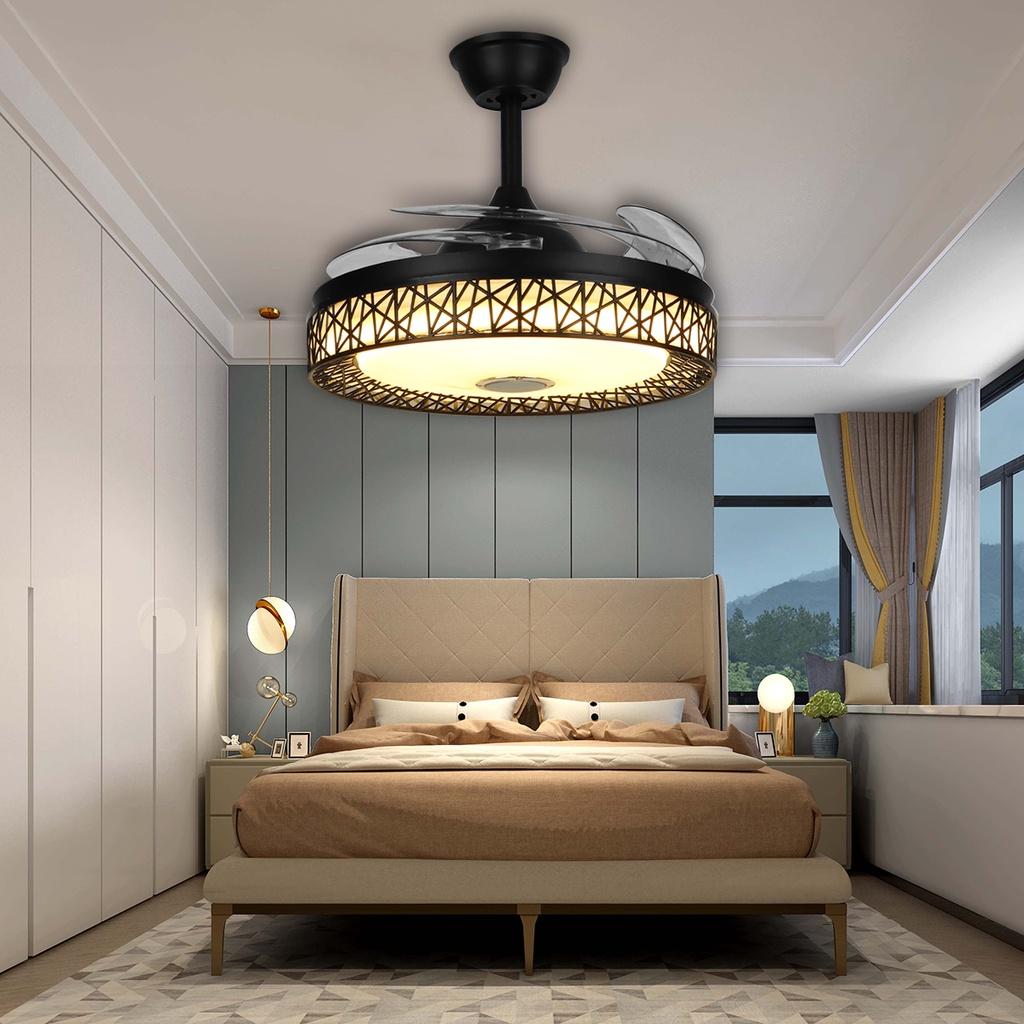 Led Invisible Blck Ceiling Fans Light 42" Retractable Blade Bluetooth Modern Folding Fan Lamp APP Remote Control Hanging Light