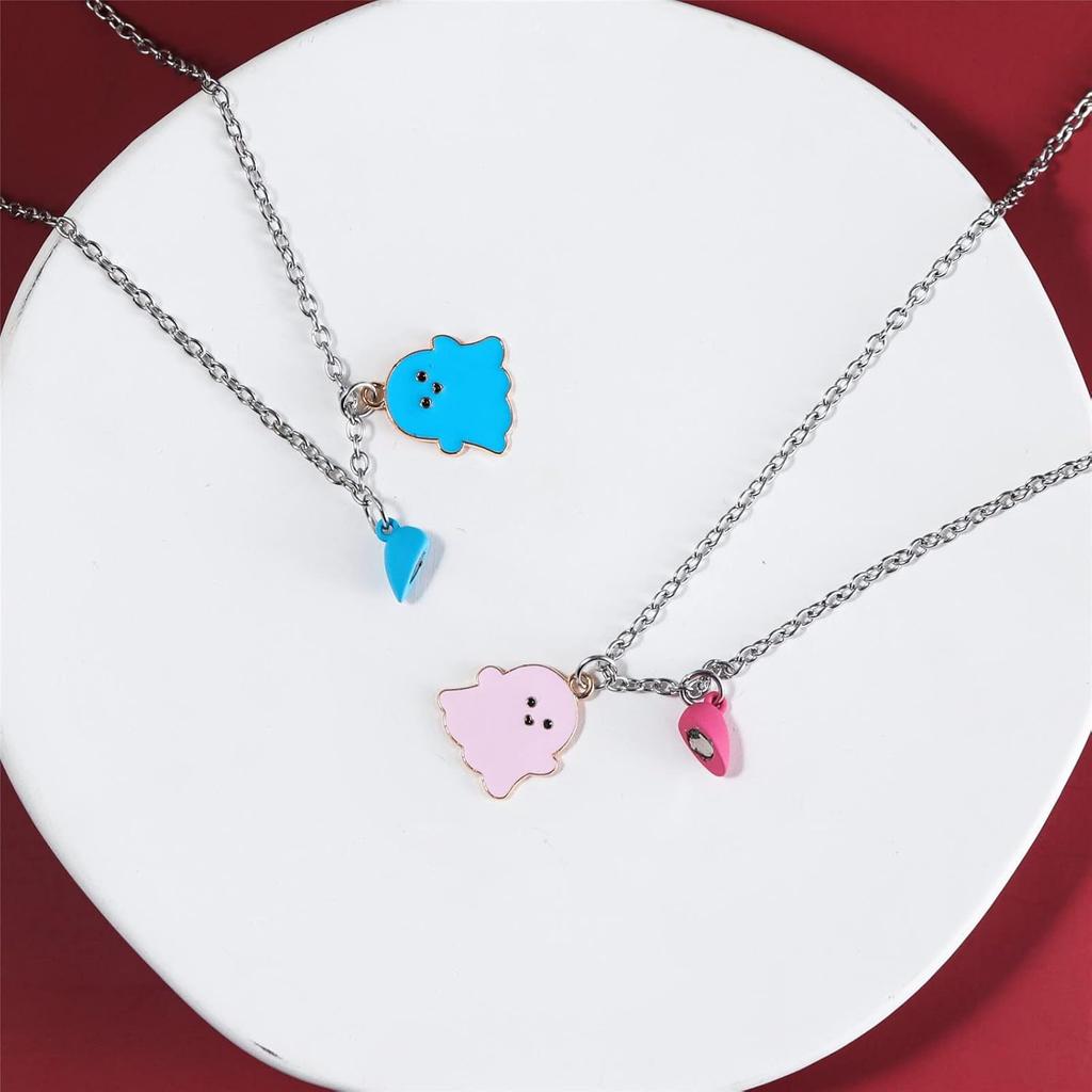 2Pcs Lovely Magnetic Love Heart Ghost Pendant Necklace Set for Women Men Best Friend Enamel Mutual Attract Magnet Couple Matching Necklace Halloween