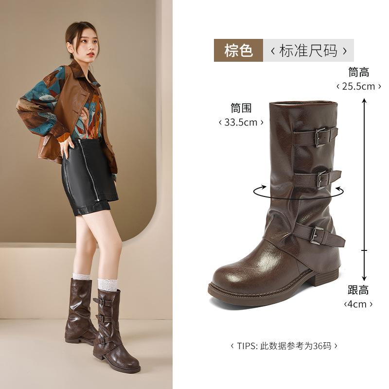 Augustine black boots women's 2025 new autumn mid-tube knight boots retro British platform Martin boots