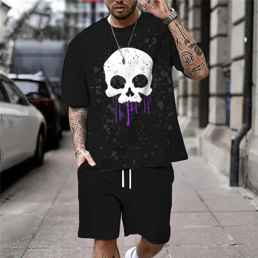 Summer New Casual Men's Skull Print T-Shirt Set Fashion Streetwear Tees Loose Oversized Breathable Soft Short Sleeves And Shorts