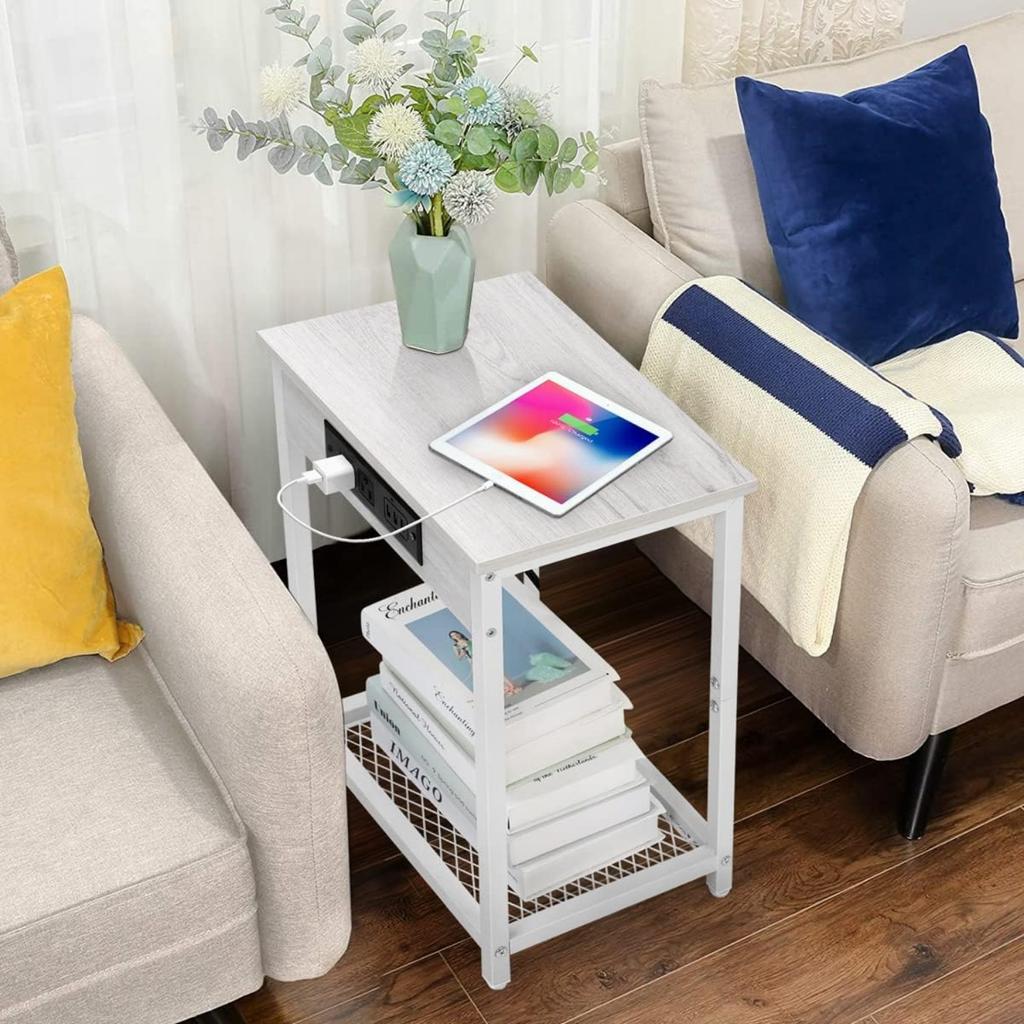 Narrow Nightstand W/ Charging Station - 2-Tier Light Maple White Bedside Table, USB Ports & Outlets + Storage Shelf