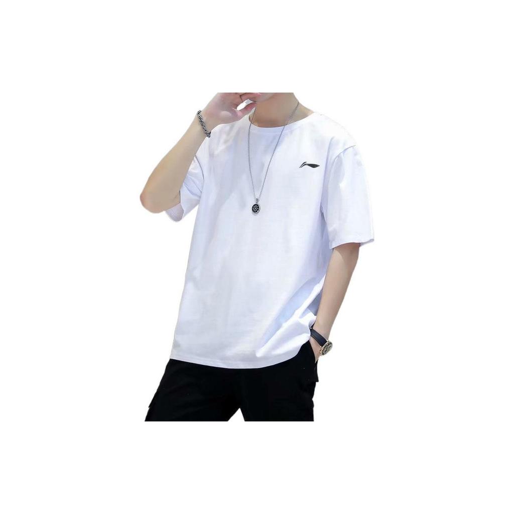 Li Ning Plain Logo Breathable Quick-Dry Round Neck Sports Short Sleeve T-Shirt And Shorts Set Men Tops White Black ATSS447-3+AKSS481-2