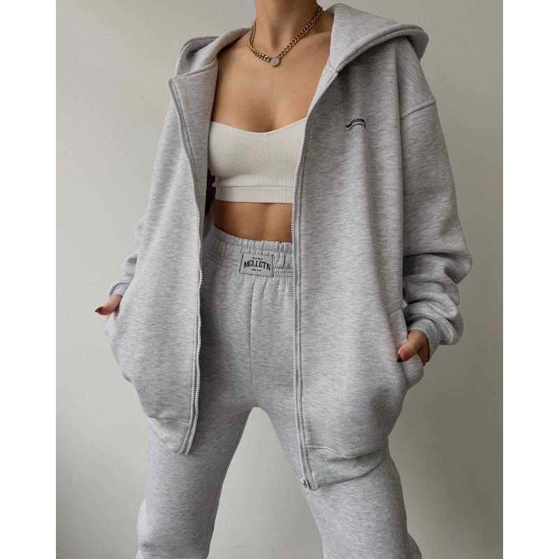 Damen Langarm Fleece Bedrucktes Kapuzensweatshirt und Lässige Hose Zweiteiliges Set