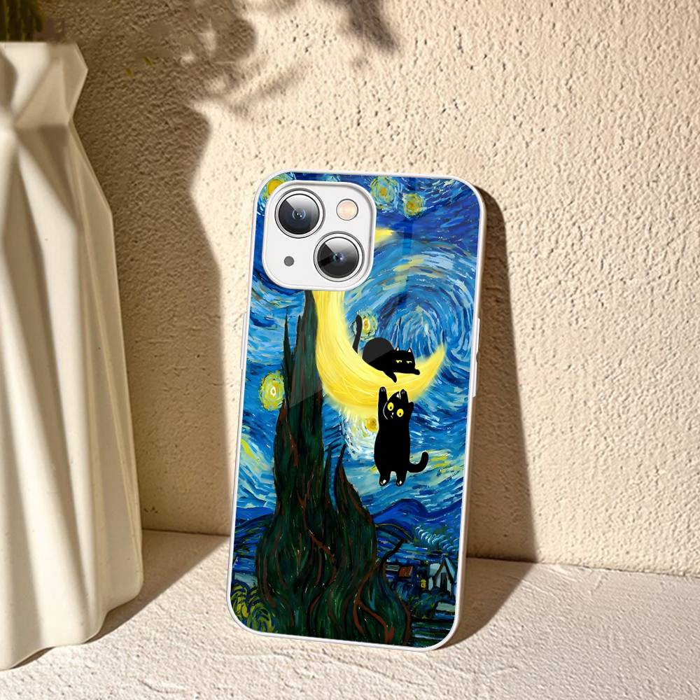 Black Cat Van Gogh Tempered Glass For Iphone 14 13 12 11 Pro Mini XS MAX 14Plus X XS XR Cover