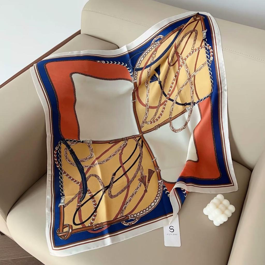 Luxury Horse Belt Print Silk Square Scarf Women Hijab Hair Bands Neckerchief Female Satin Shawl Ribbon Headband Fashion Bandana