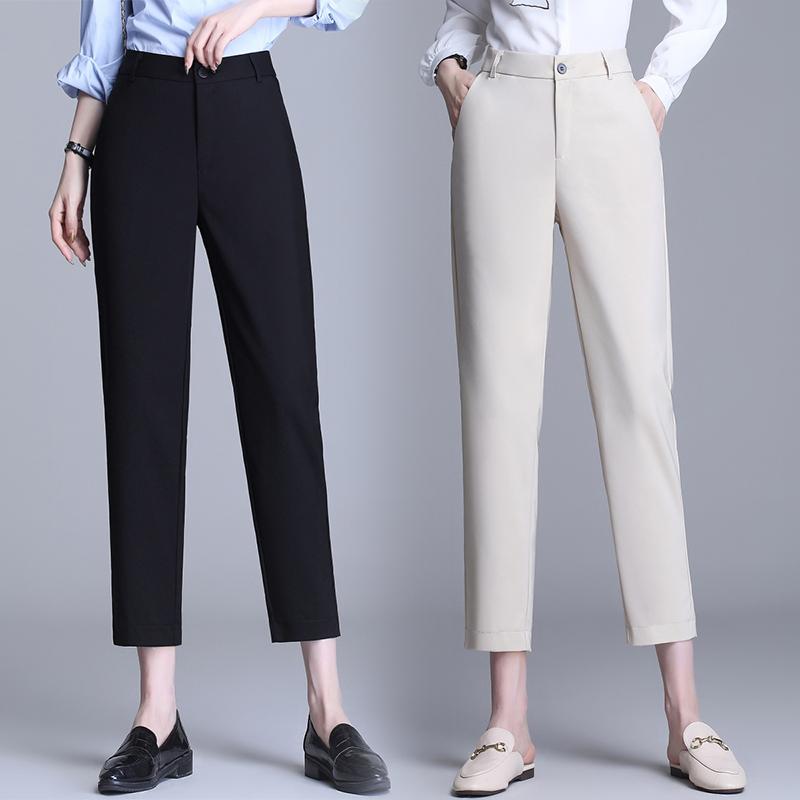 Fashionable Women's Black High-Waisted Nine-Point Stretch Suit Pants