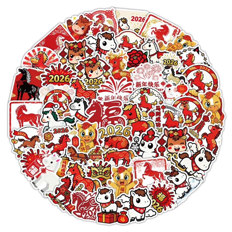 

61Pcs 2026 Year of the Horse Themed Stickers - Red Chinese New Year Vinyl Decals for Laptop, Water Bottle & Party Decor
