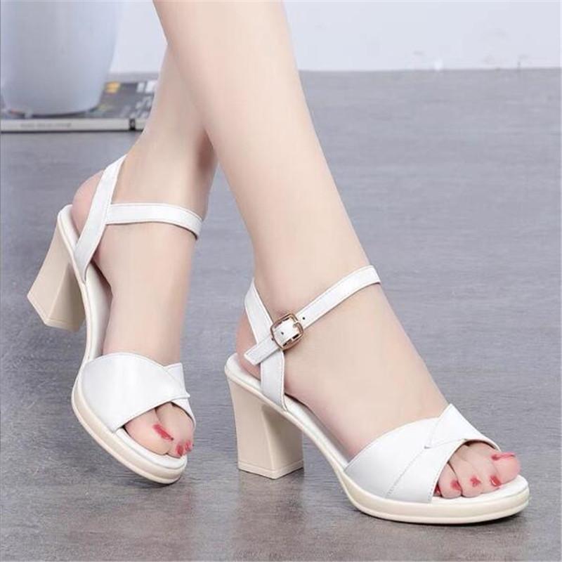Women Genuine Leather Shoes High Heel Platform Sandals Buckle Thick Heel Ladies Sandals Women Pumps Summer Black 35-42
