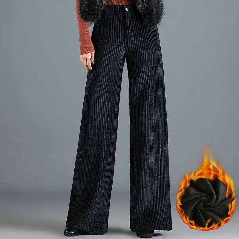 

Простота Осень Зима Плюс Бархат Плюшевые Брюки Женские Однотонные Карманы Молния Высокая Посадка Модные Брюки Полной Длины Широкие Штанины S чёрный