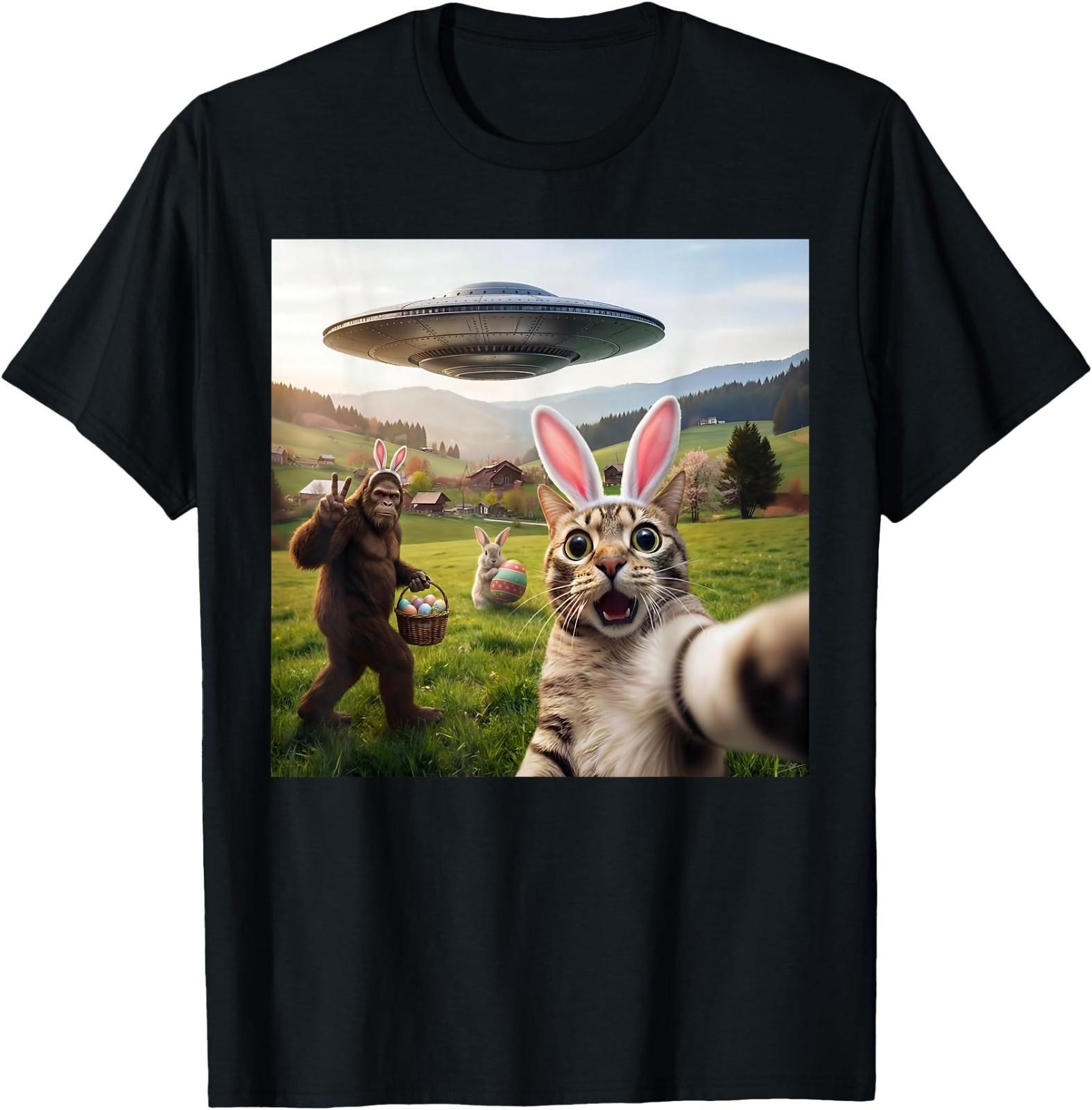 Funny Cat Selfie with Easter Bunny Bigfoot UFO for Men Women T-Shirt Size S-5XL S разноцветный
