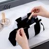 Portable Small Organizer for Purse Snap Shut Makeup Bag, Striped Knitted Clutch Pouch, Stylish Toiletry Bag Wide Open Cosmetic Pouch Brushes