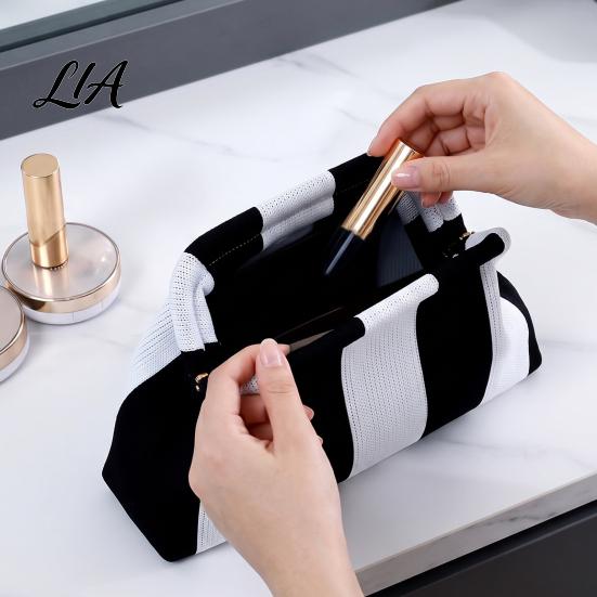 Portable Small Organizer for Purse Snap Shut Makeup Bag, Striped Knitted Clutch Pouch, Stylish Toiletry Bag Wide Open Cosmetic Pouch Brushes