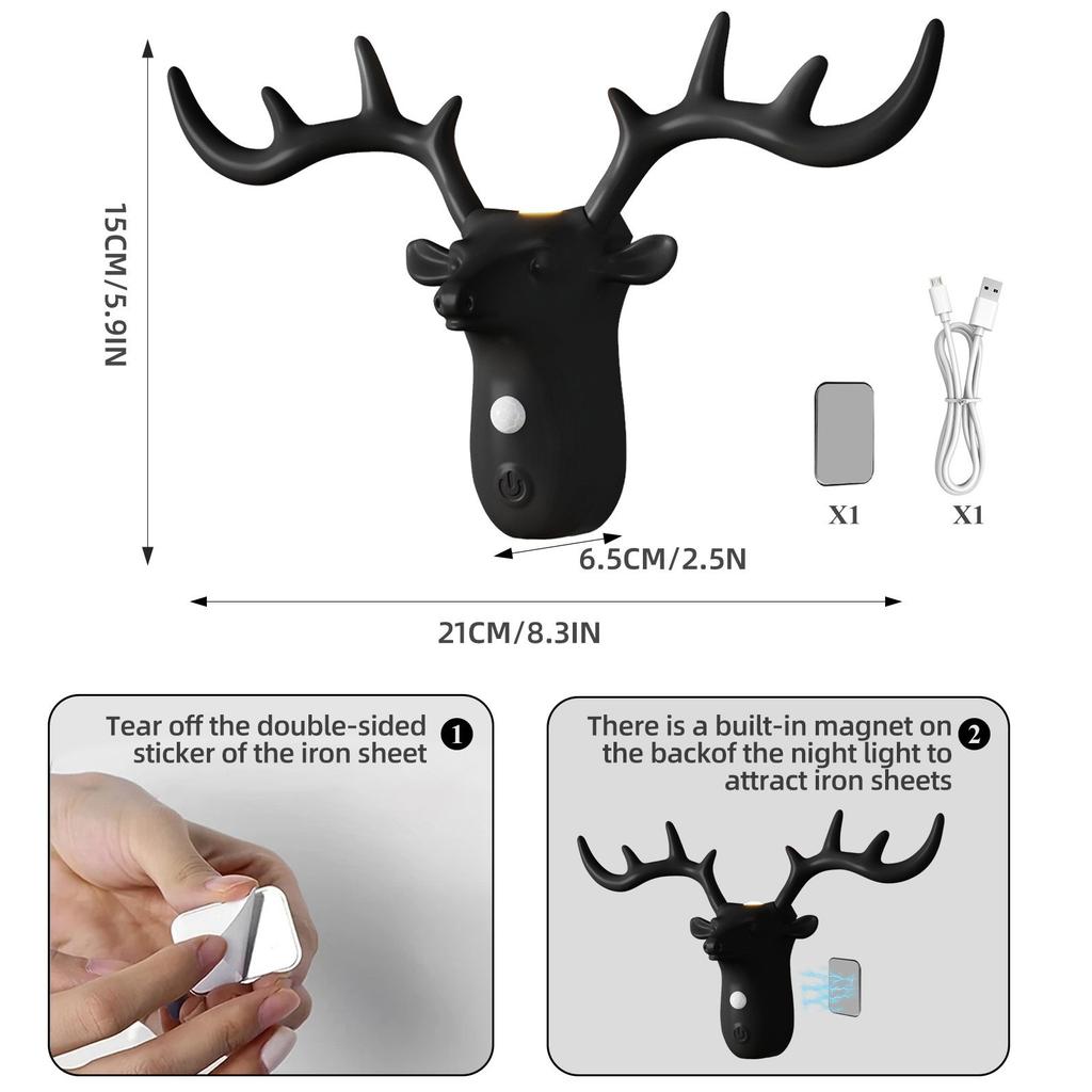 Deer Head Motion Sensor Wall Lamp USB Rechargeable Wireless LED Night Light Battery Powered Wall Light Decor For Hallway Bedroom Bathroom