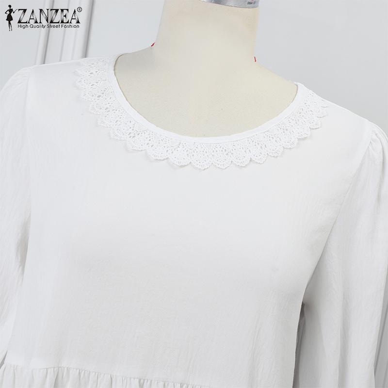 ZANZEA Women Summer Round Neck Trumpet Long Sleeve Lace Dresses