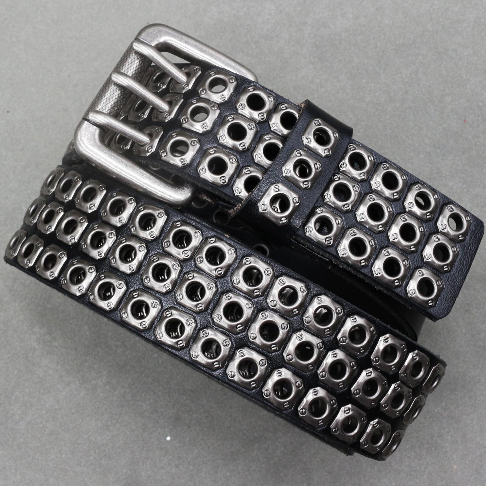 Writing A Notebook Women's Design Punk Car Eye Hollow Rivet Men's Real Cowhide Belt Nightclub Three-Pin Buckle Belt 125Cm