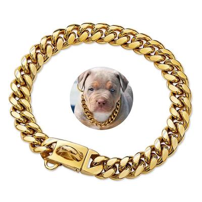 Guler de câine puternic din oțel inoxidabil, auriu, cu cataramă de siguranță, lanț de zale cubaneze de 15 mm, guler de dresaj, colier pentru câini.