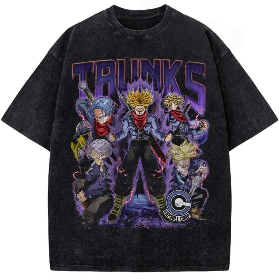 Dragon Ball Trunks Flame Printed Tshirt Mens and Womens Washed Tshirt High Quality Vintage Cotton Tshirt Harajuku Tops