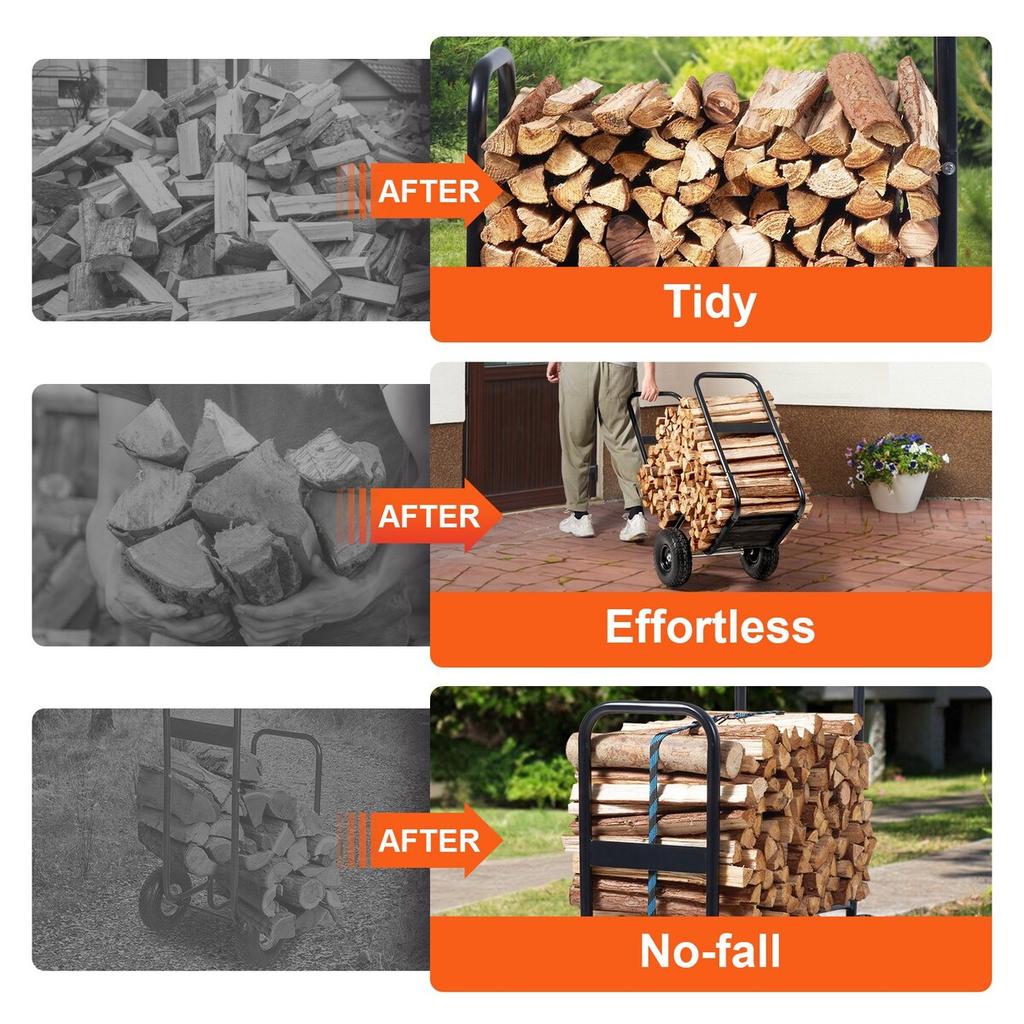 Firewood Log Cart, 113.4 kg Capacity, Outdoor and Indoor Wood Rack Storage Mover with PU Wheels & Waterproof Cloth, Heavy Duty Steel Dolly Hauler,