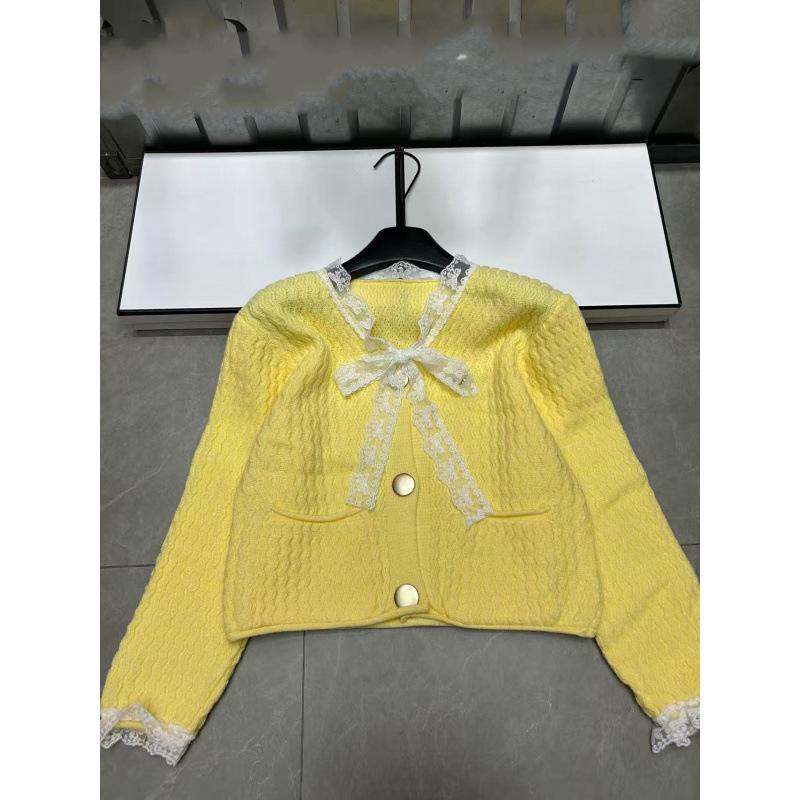 Xiangjia 2025 Winter Lace Butterfly Knit V-Neck Patchwork Cardigan
