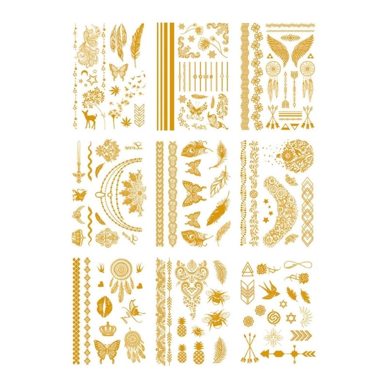 9 Blatt Premium Goldfolie Temporäre Tattoos für Partys und Events mit metallischen Designs und einfacher Anwendung