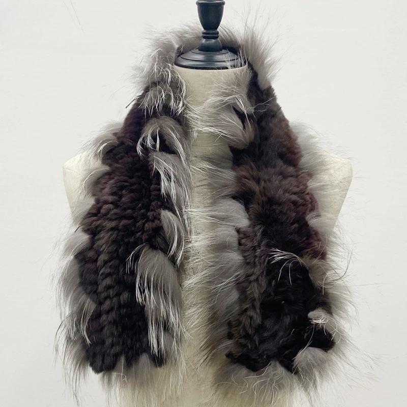 Women Stylish Warm Scarf Natural Fluffy Fox Fur Shawls Winter Female Fashion Knitted Rabbit Fur Scarves 90x10cm