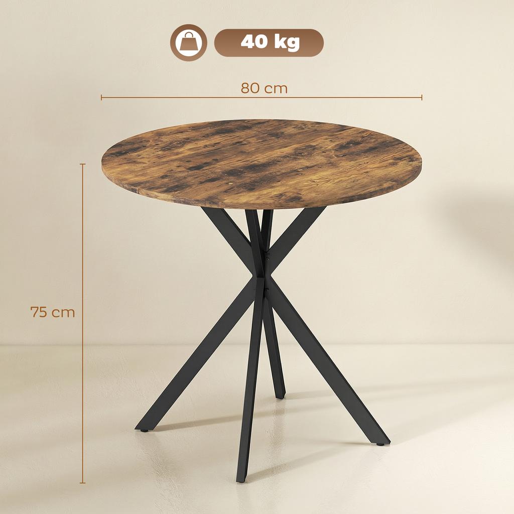 Round Dining Table for 2 People with Wood-Look Top and Crossed Steel Legs, Rustic Brown