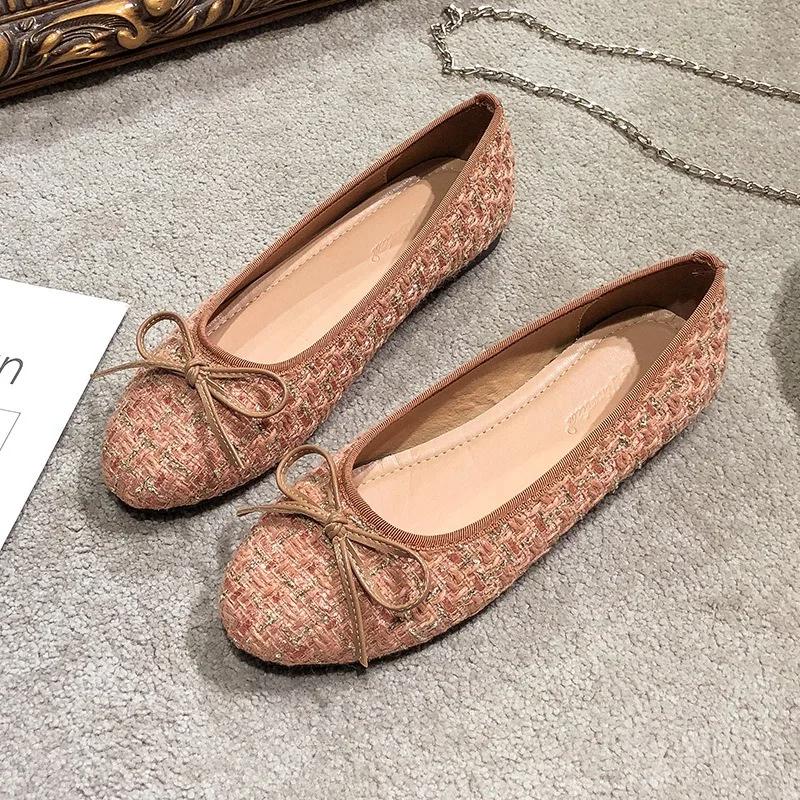 Women Sweet Bowknot Ballet Flats Shoes Lady Luxury Tweed Pumps Comfortable Round Toe Slip-on Scoop Shoes Soft Sole Casual Shoes