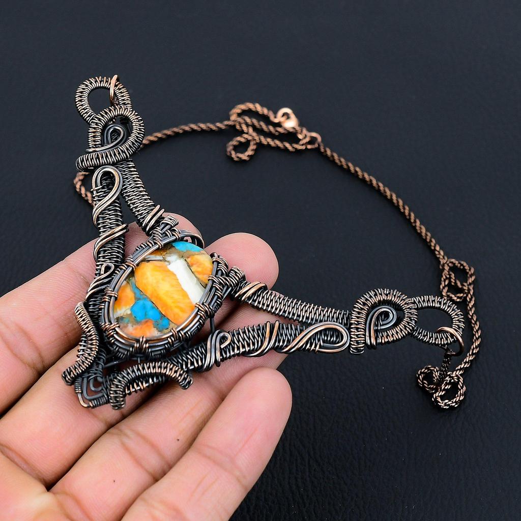 Orange Spiny Oyster Gemstone Jewelry Pure Copper Wire Wrapped Handmade Necklace