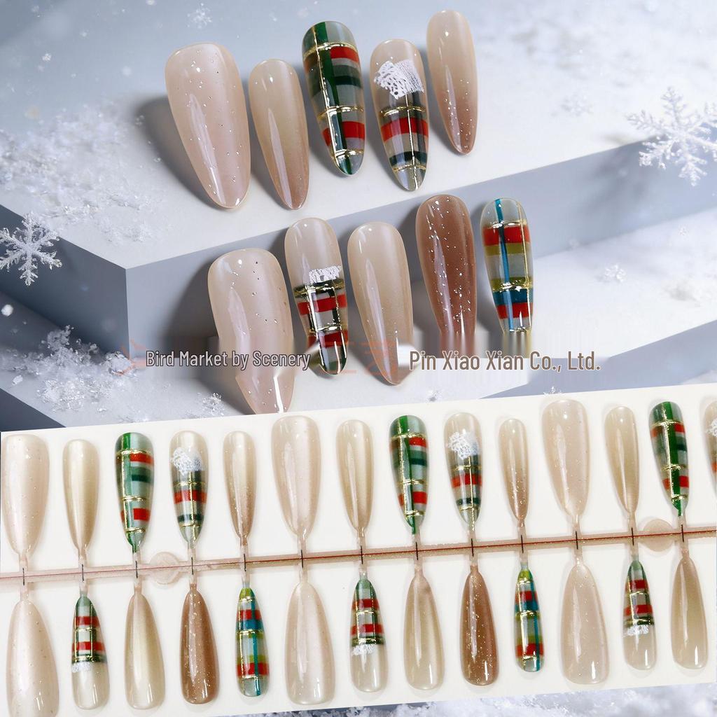 Festive Snowflake Cat Eye Plaid Wearable Nails - Pre-made Nail Tips Set