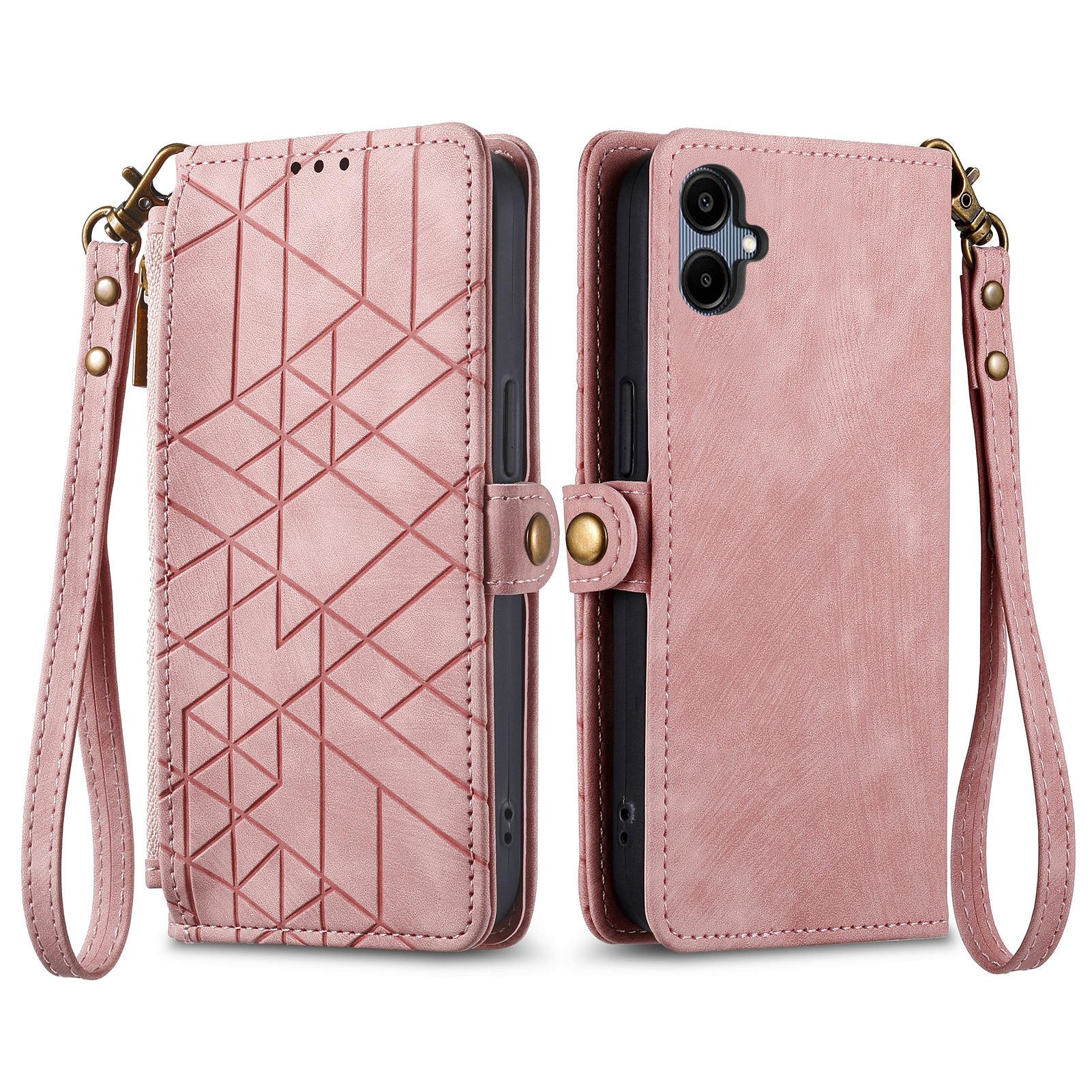 

For Samsung Galaxy A06 4G Zipper Wallet Case Geometry Lines Leather Phone Cover with Strap Pink