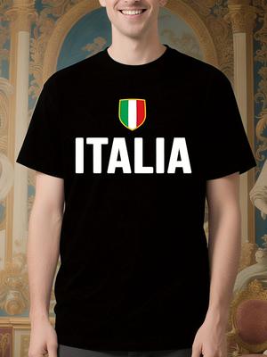 Italian Flag Tshirt - ITALIA Text and Shield Emblem - Bla...