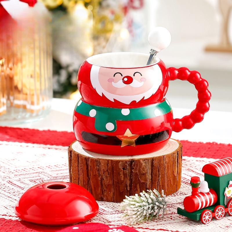 Santa Claus Ceramic Mug Christmas Creative Mug with Lid Spoon Home Couple Water Cup Holiday Gift Box