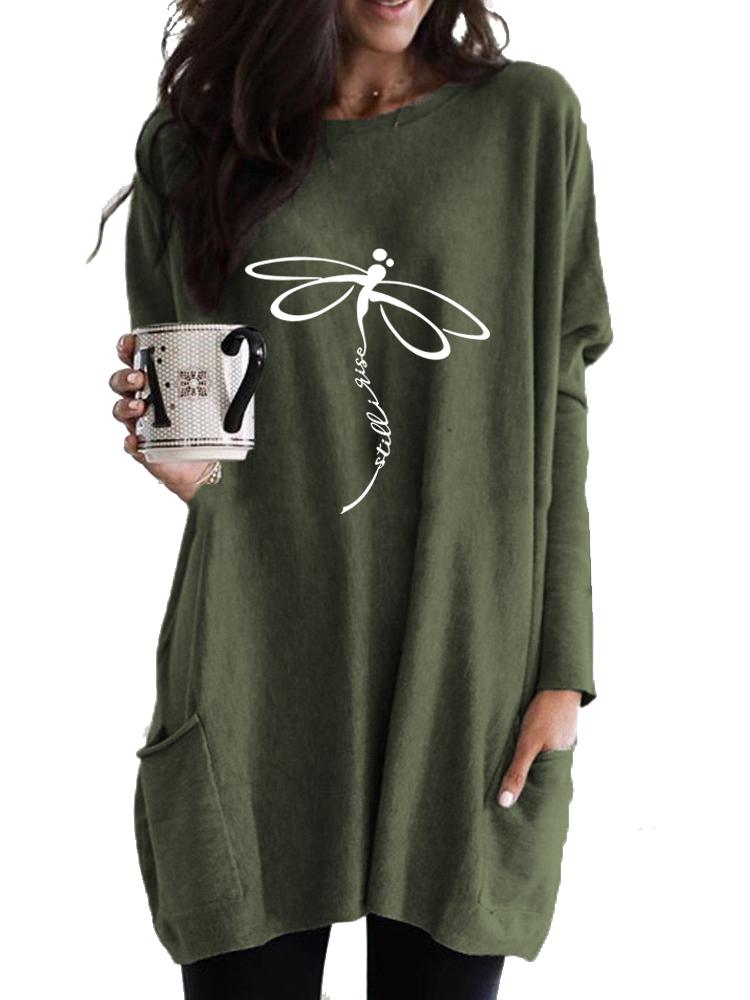 Women's Long Tunic with Pockets Loose Fit Printed Logn Sleeve Top