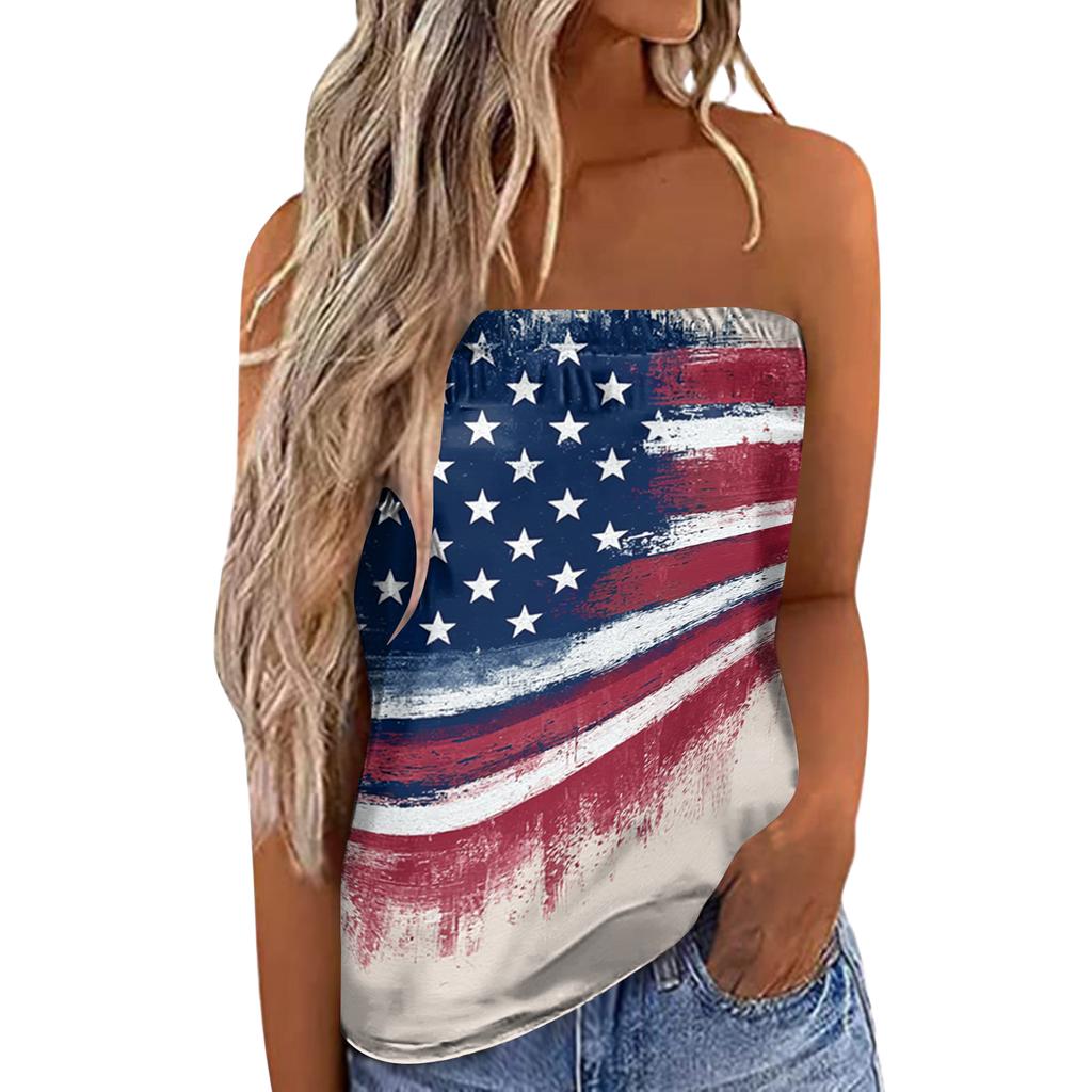 Women's Summer Sexy Strapless Off-Shoulder Elastic Band Design Independence Day Print Top