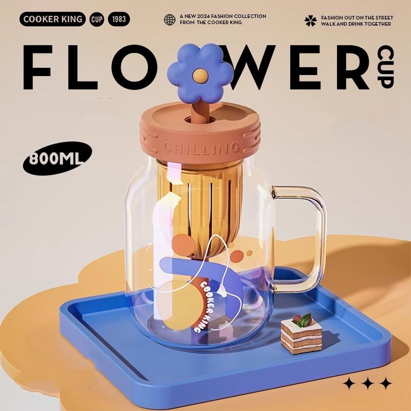 

COOKER KING 800ML Glass Cup Transparent Water Cups with Flower Straw Lid Cartoon Coffee Mugs with Tea Strainer Home Drinkware