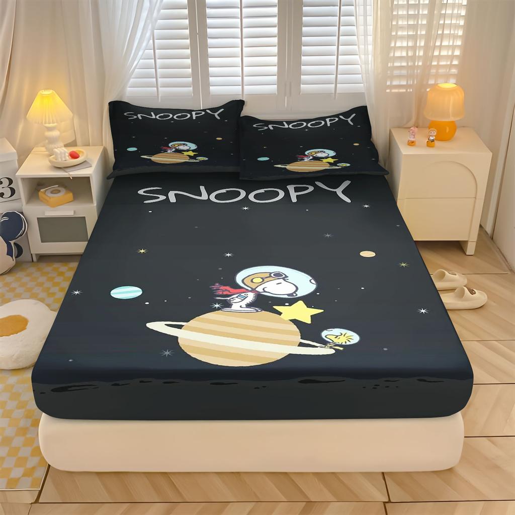 Snoopy  With Pillowcase Fitted Sheet 3D Children'S Bedding Set  Polyester 2/3Pcs Comforte Bed Cover Full Set