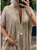Camicia casual a maniche corte con paillettes e scollo a V