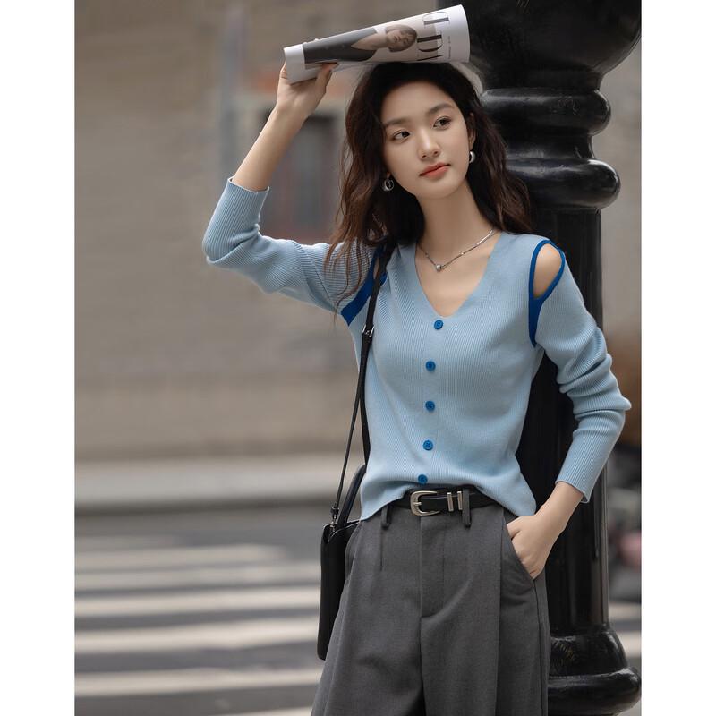 

Женский вязаный свитер в корейском стиле, с цветными блоками, ажурный, с V-образным вырезом L