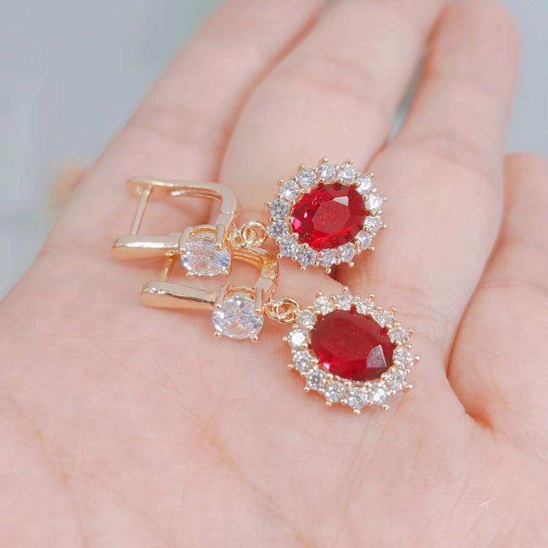 Red Oval Crystal Zircon Drop Earrings for Women 2023 New Gold Color Wedding Engagement Party Jewelry Accessories