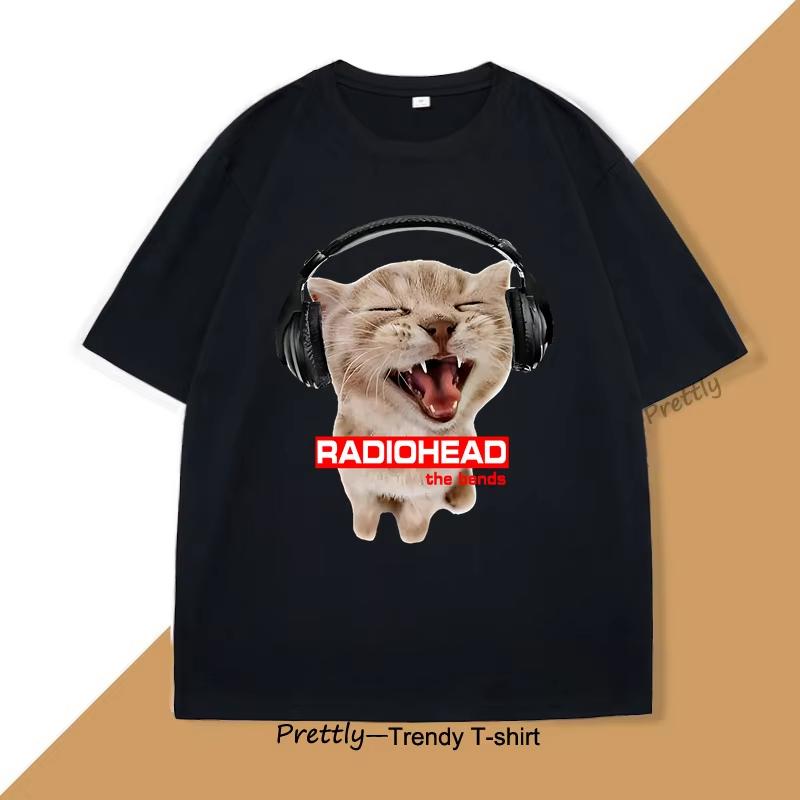 

Vintage Cat with Headphones Radiohead T-shirt Cute Cat Rock T Shirt Men Women Cotton Short Sleeve Round Neck Tshirt Streetwear M