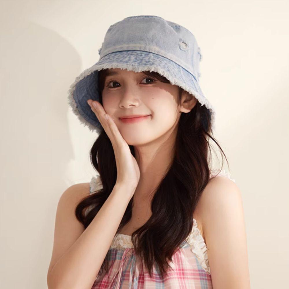 Korean Style Denim Bucket Hat Washed Denim Sun Protection Hat Retro Sun Hat Outdoor