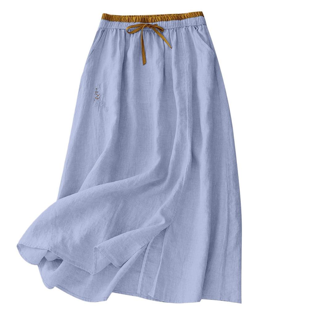 Dámská jednobarevná bavlněná a lněná poloviční sukně ležérní střední délky s elastickým pasem