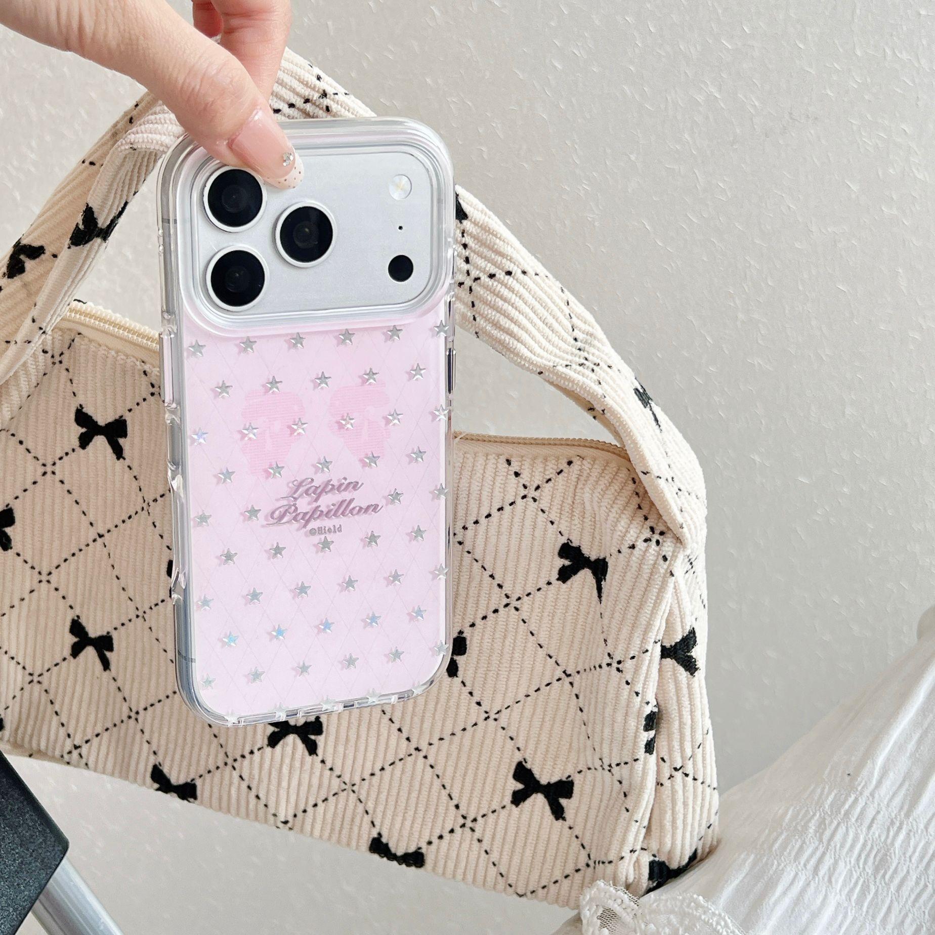 

Pink iPhone 16/17 Pro Max Case with Gold Stars and Apple 15 Chain for Women 16 Pro Max