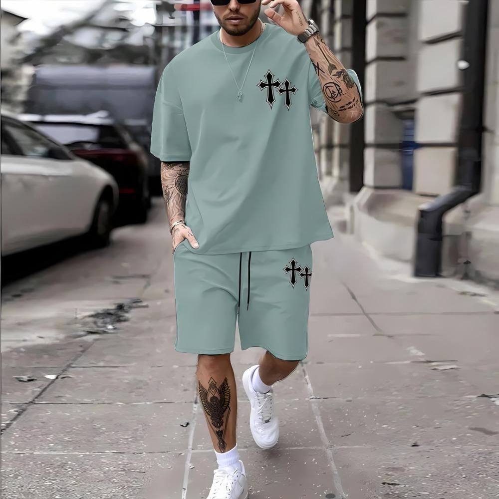 New Men's Summer Two-piece Set Men's T-shirt Top Shorts Set Men's Round Neck T-shirt Loose Casual